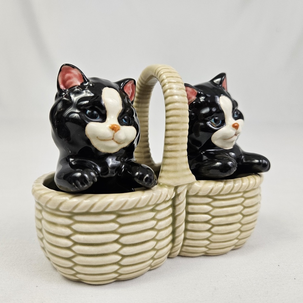 Takahashi San Francisco Black Cat Salt & Pepper Shakers Set In Basket Vintage